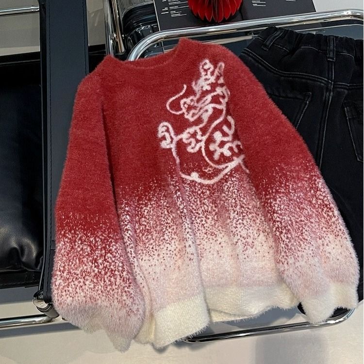 儿童红色毛衣2024冬季新款龙年国风男童水貂绒加厚针织拜年服上衣