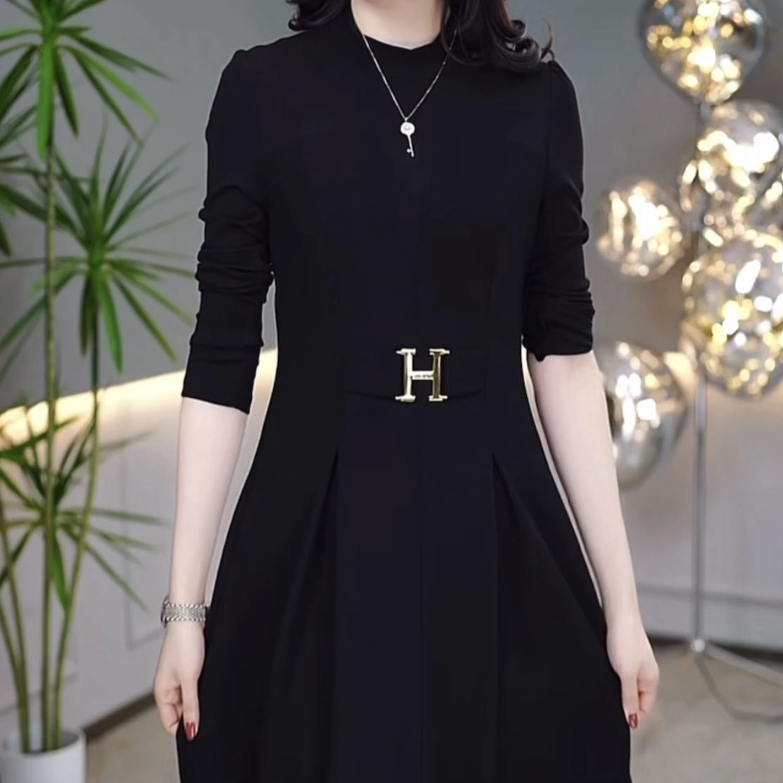 時尚斜紋梭織連衣裙2023新款女裝秋季洋氣顯瘦法式赫本風長袖裙子