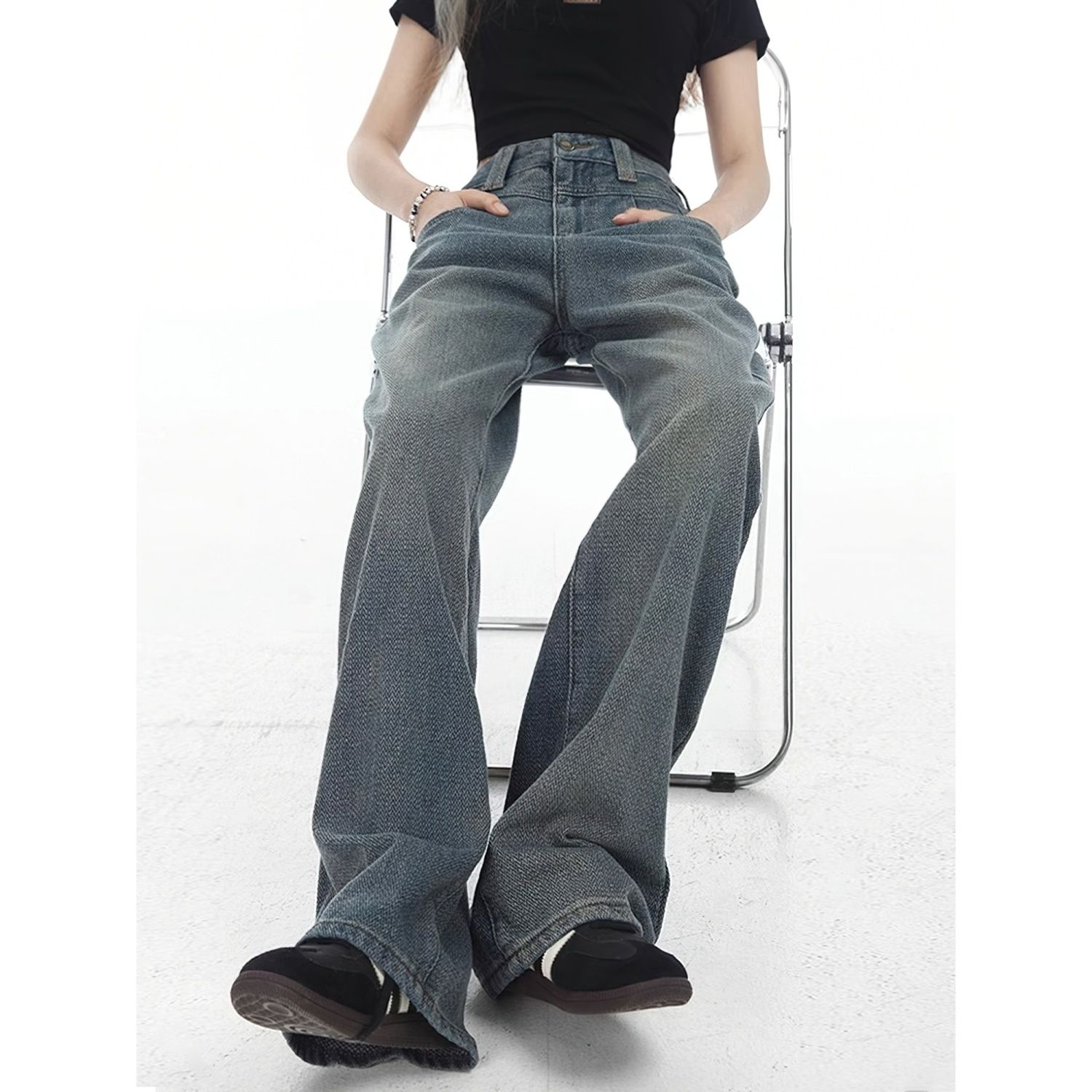 美式復古藍直筒牛仔褲女秋季新款高腰遮胯寬鬆顯瘦百搭闊腿長褲子