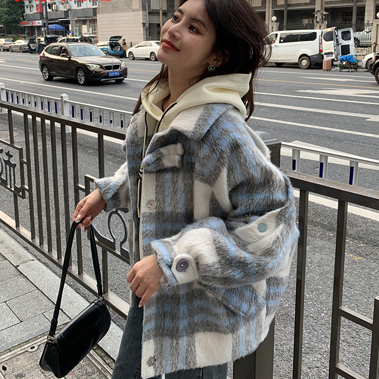 2023秋冬時尚韓版百搭女士兩件套休閒短款格子外套加棉+衛衣