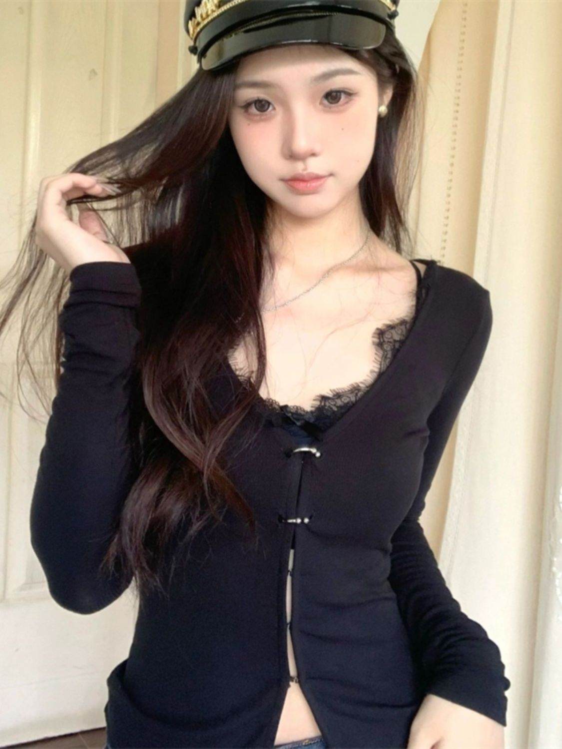 美式辣妹蕾絲拼接針織開衫秋季新款純欲風修身顯瘦內搭打底短上衣