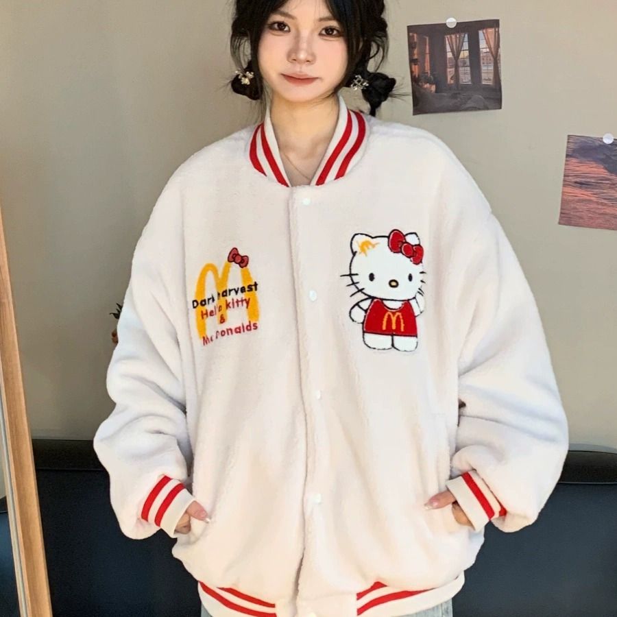 美式卡通麥當勞Kitty貓刺繡棒球服女冬季保暖情侶羊羔毛夾棉外套