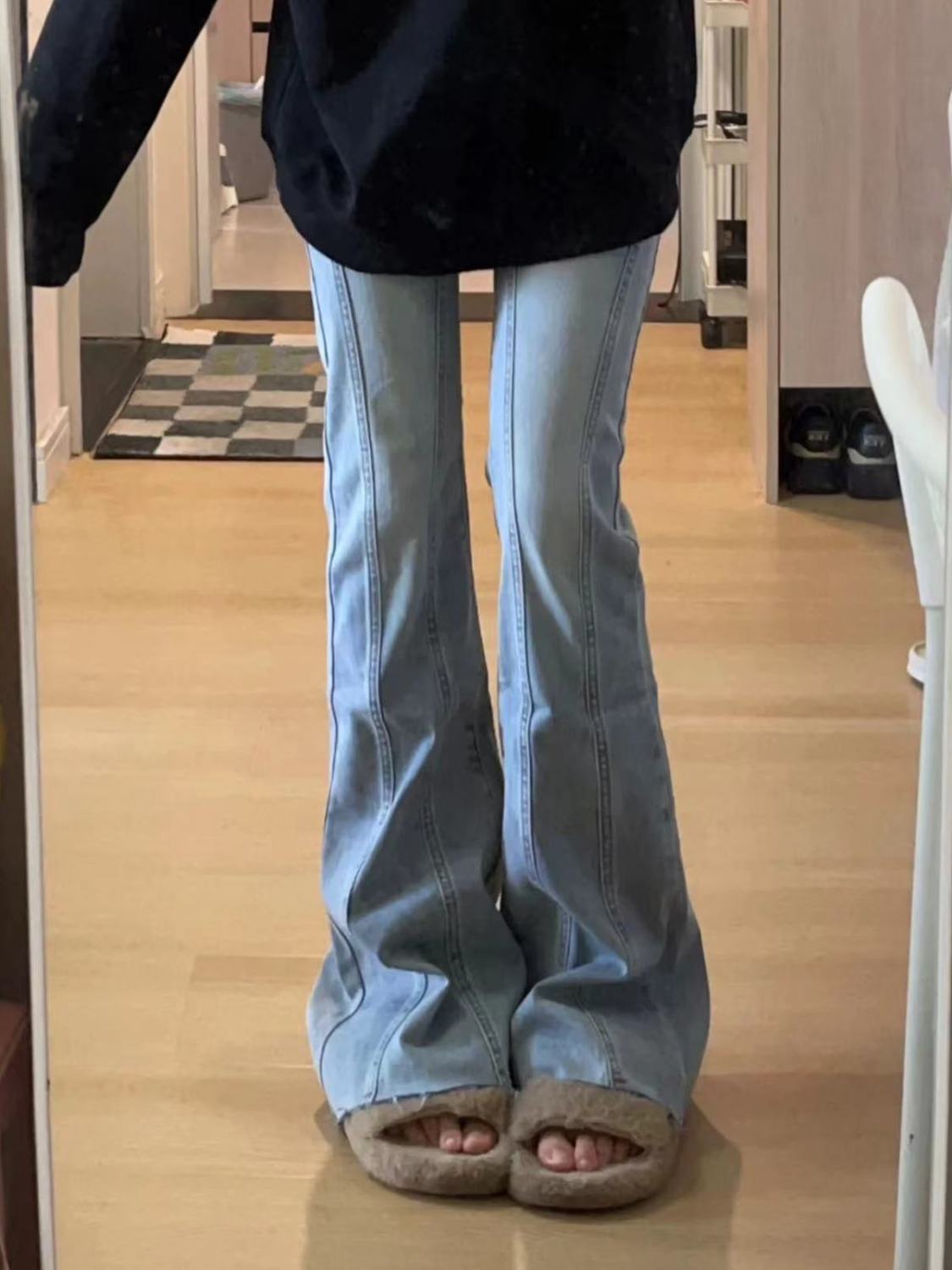 美式復古毛邊設計感微喇叭牛仔褲女秋冬小個子修身顯瘦彈力馬蹄褲