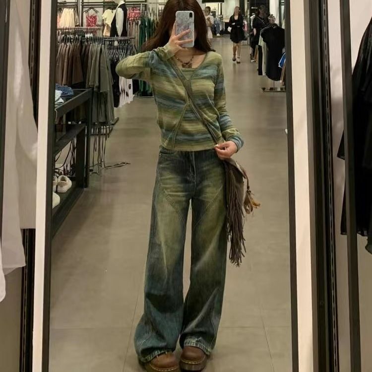 美拉德高個子懷舊闊腿牛仔褲女秋冬新款高腰顯瘦寬鬆直筒拖地褲子