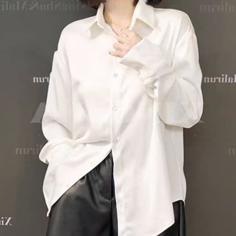 2023年法式溫柔風襯衫女絲滑緞面小眾設計感POLO領簡約百搭上衣女