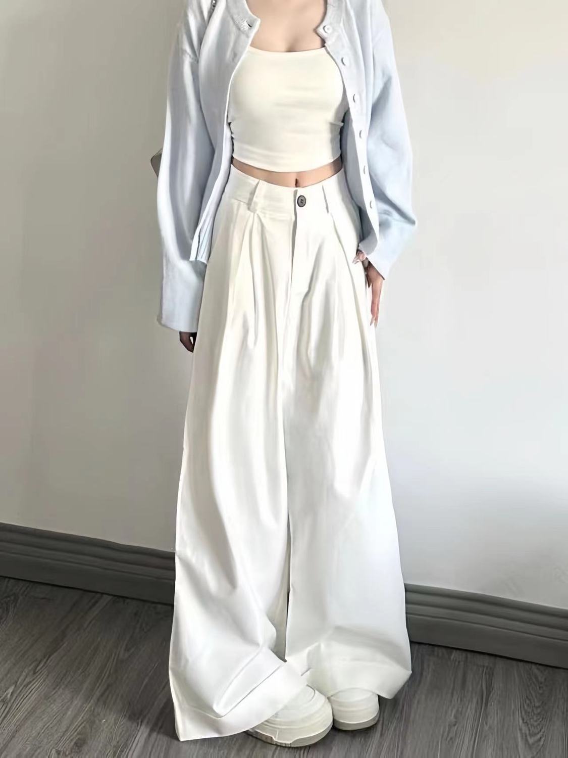 美式高街白色高腰闊腿牛仔褲女春秋小個子高腰寬鬆顯瘦垂感直筒褲