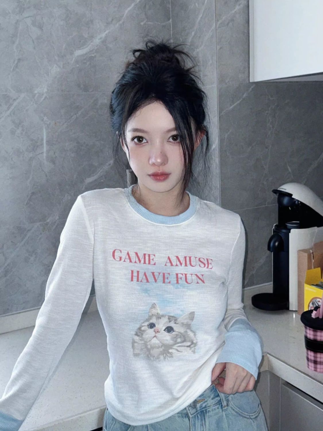 美式甜酷辣妹撞色拼接正肩長袖t恤女春秋季修身設計感小眾打底衫
