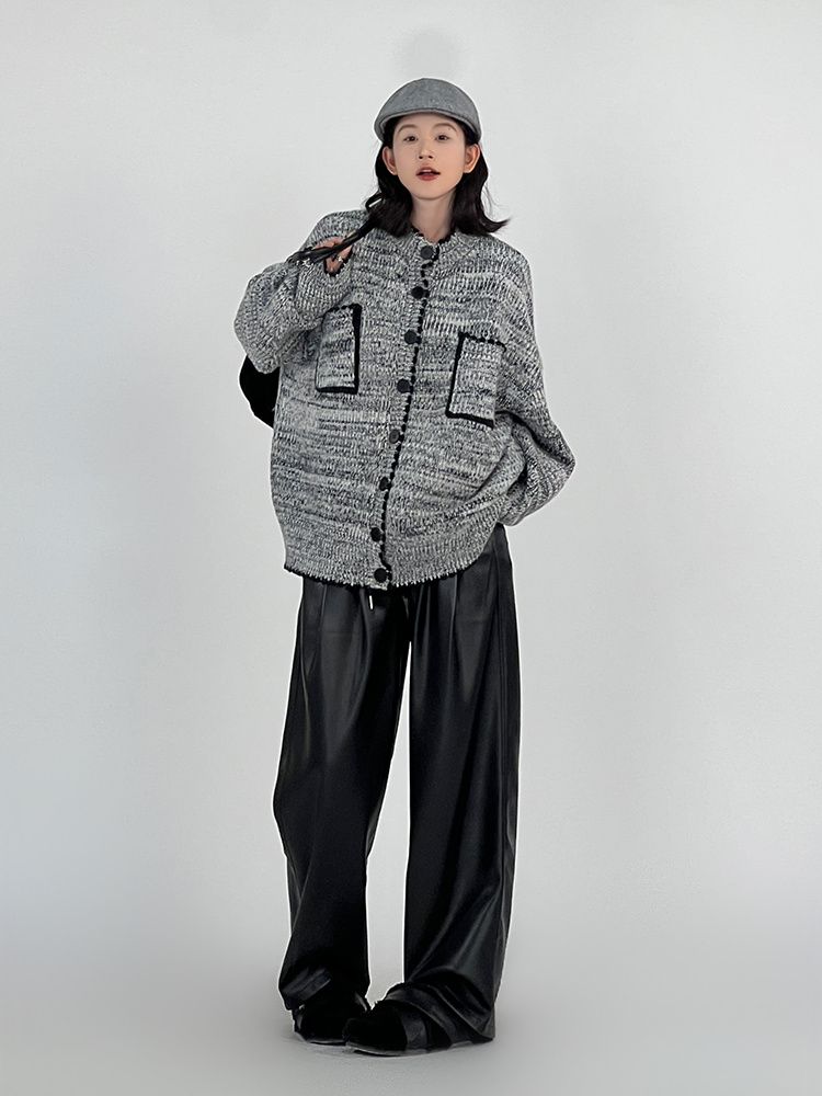 灰色长袖针织毛衣开衫外套女秋冬季新款韩系宽松简约百搭上衣外套