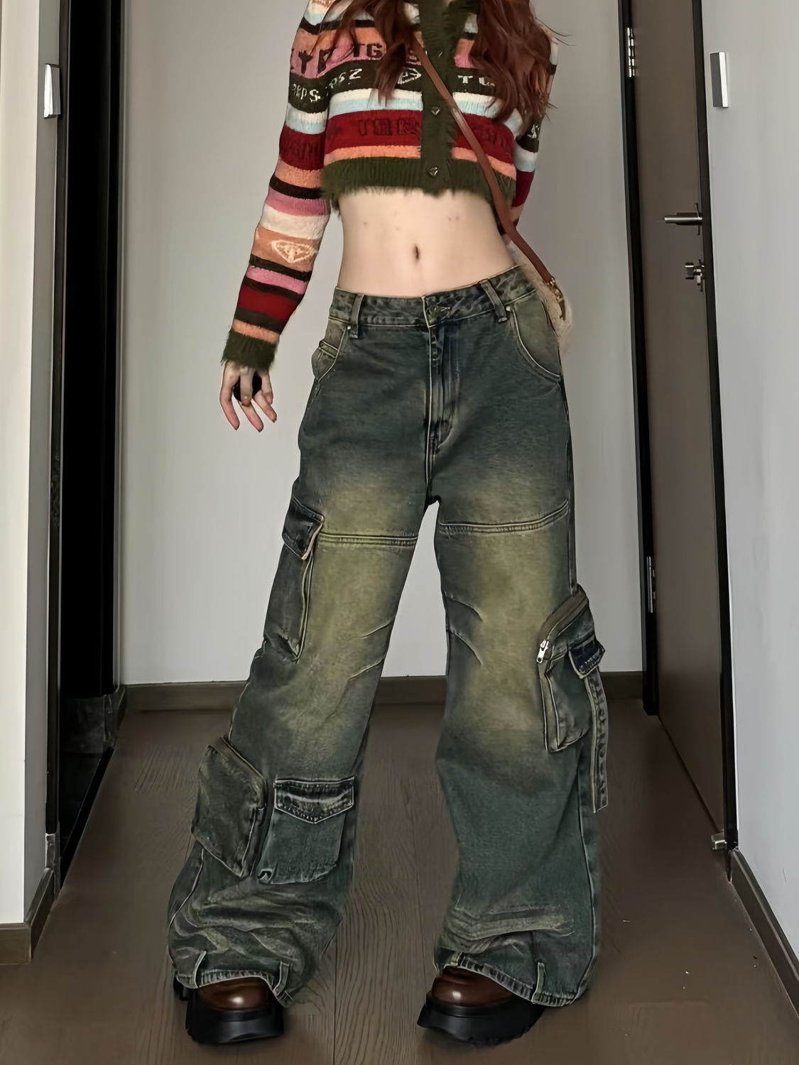 高街做舊水洗設計口袋工裝牛仔褲女秋冬高腰寬鬆顯瘦闊腿拖地褲子
