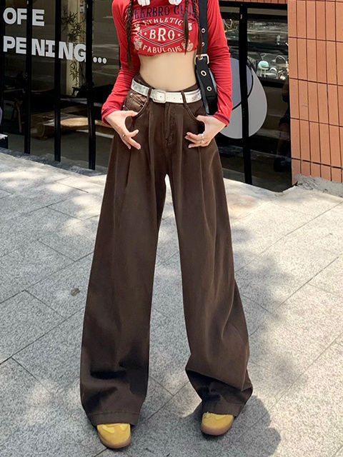 美式高街復古咖色闊腿牛仔褲女春秋高腰直筒寬鬆百搭顯瘦垂感褲潮