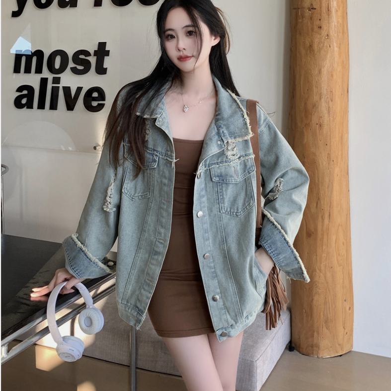 破洞毛邊牛仔外套女春季新款復古寬鬆百搭休閒設計感小眾工裝夾克