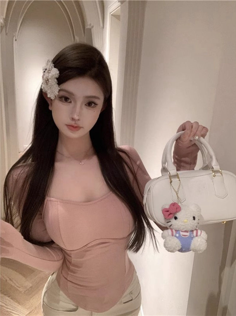 純欲風辣妹短款修身長袖t恤女秋冬內搭打底衫小眾設計感加絨上衣