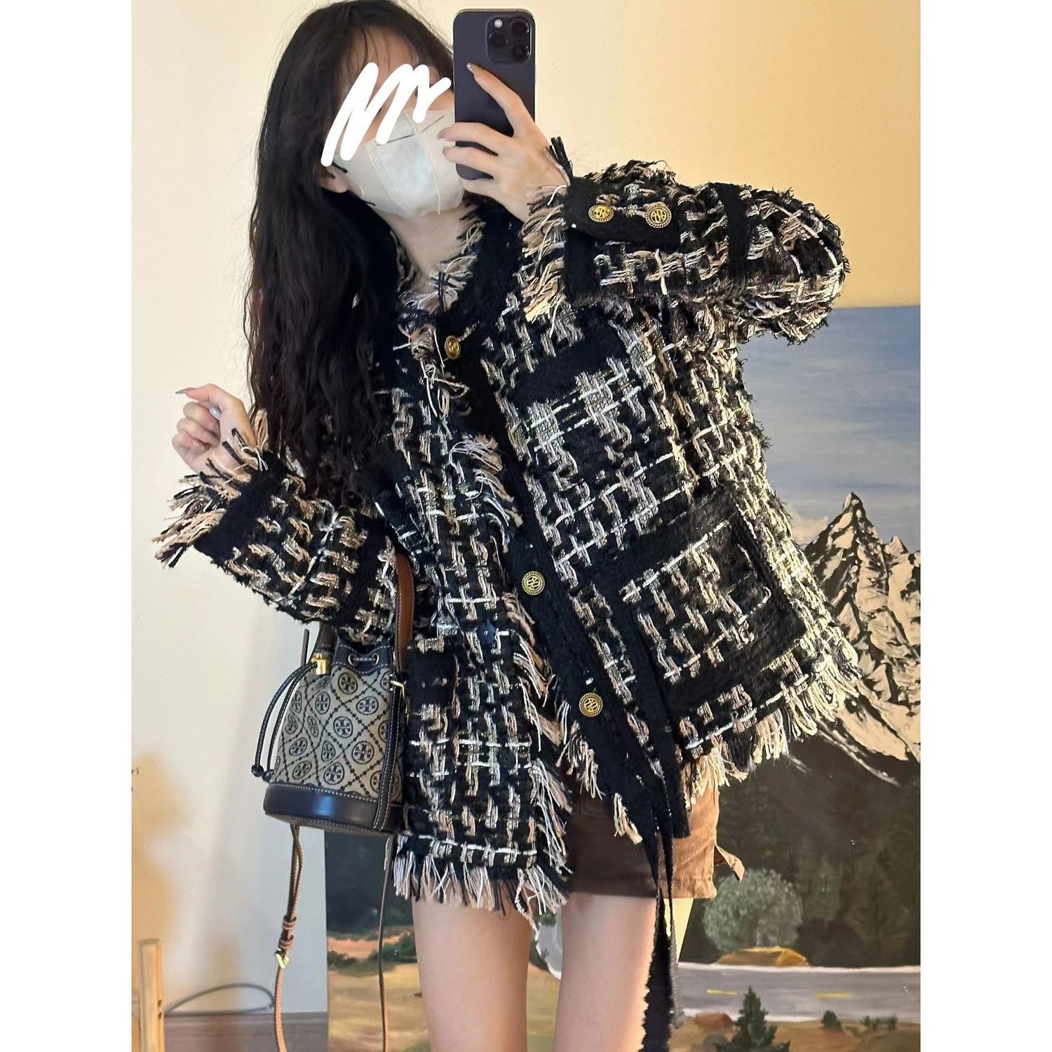 Tassel heavy industry black gold braided small fragrance jacket for women autumn and winter new style high-end tweed temperament thickened top