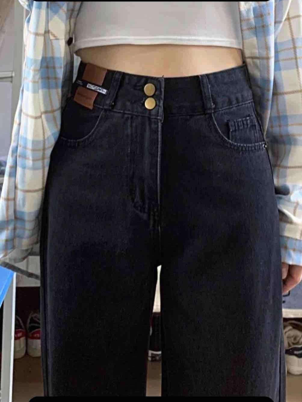 特大碼300斤黑色直筒牛仔褲女秋季新款胖妹妹高腰寬鬆百搭闊腿褲2