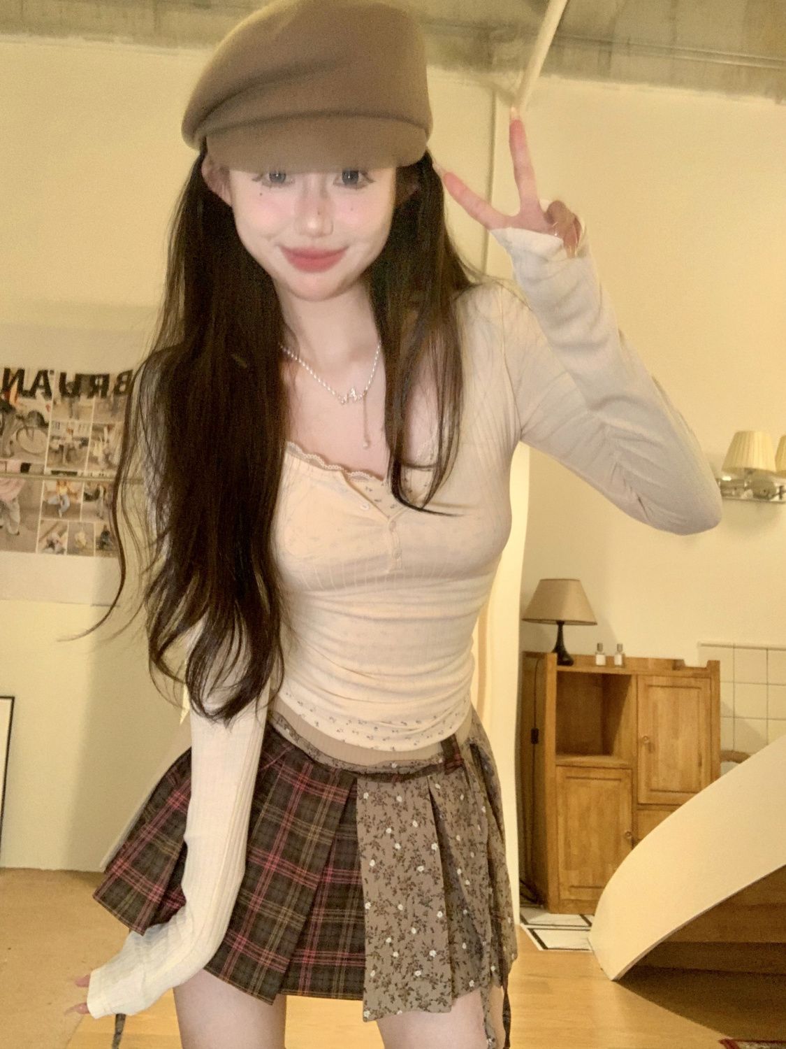 蕾絲碎花拼接假兩件針織衫女秋冬內搭緊身打底衫修身顯瘦短款上衣