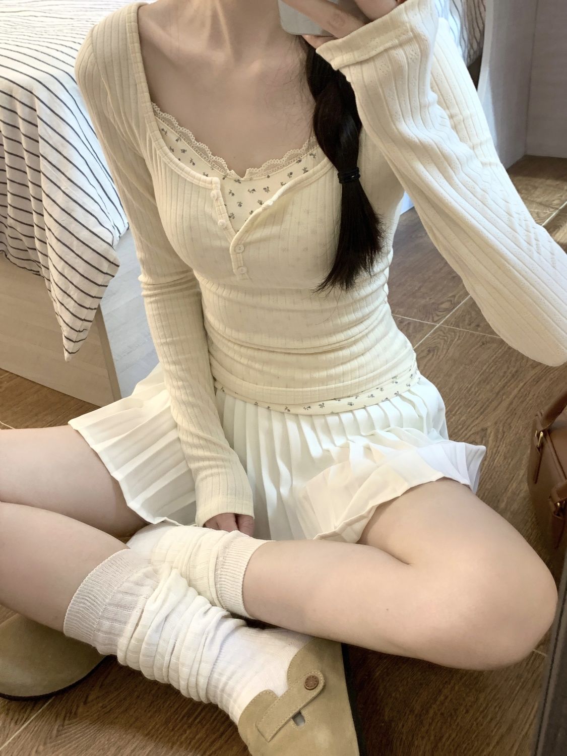 蕾絲修身設計感小眾秋冬別致上衣假兩件拼接顯瘦碎花長袖T恤打底
