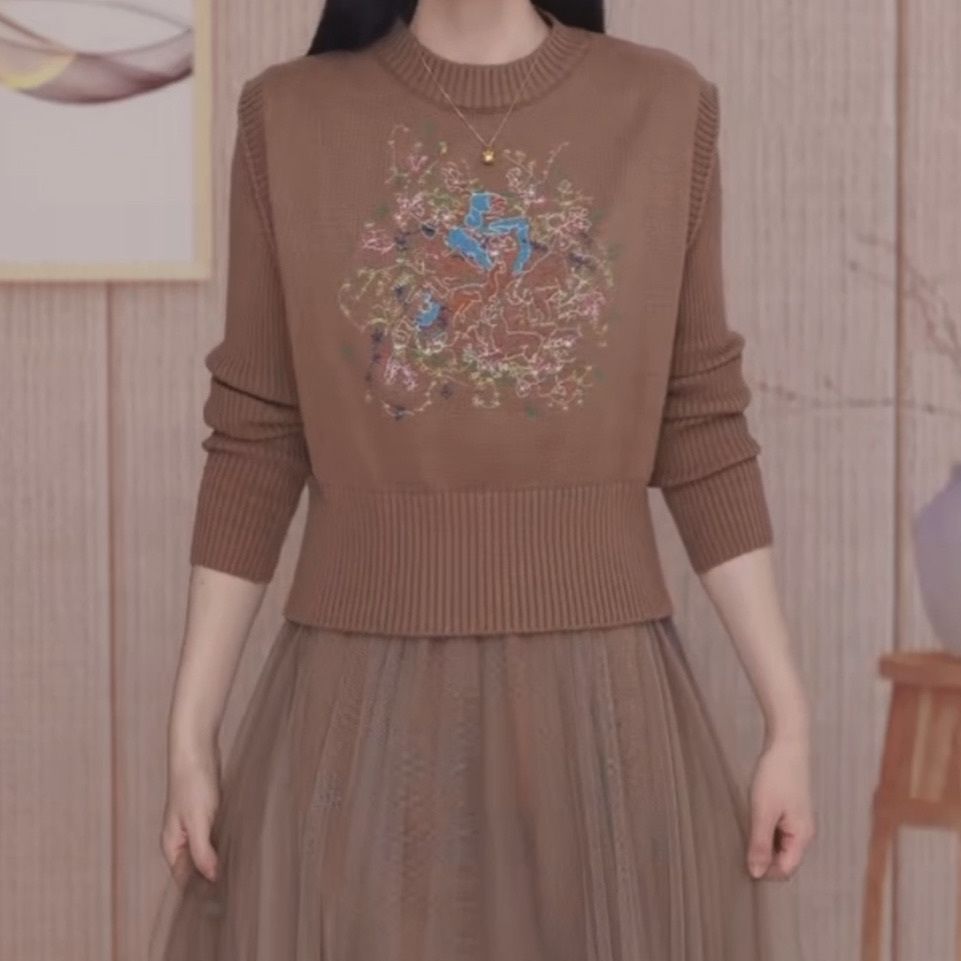 美拉德羅馬針織兩件套裝連衣裙女2023新款秋冬洋氣刺繡星空紗裙子
