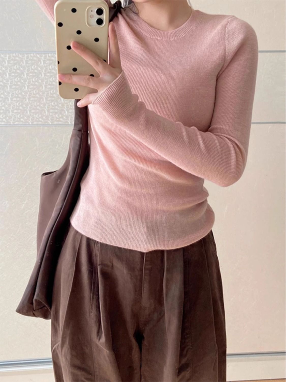 粉色圓領磨毛長袖內搭打底衫女秋冬季德絨毛衣針織衫修身上衣