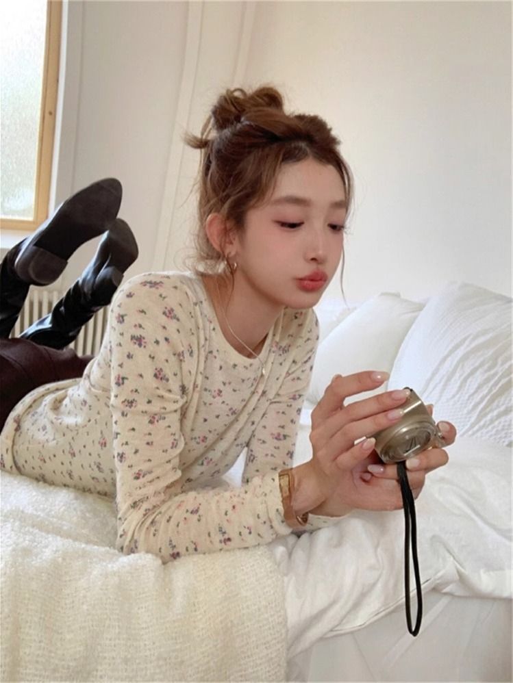 欲系碎花女秋冬季新款慵懶風套頭小眾德絨磨毛打底針織衫上衣女潮