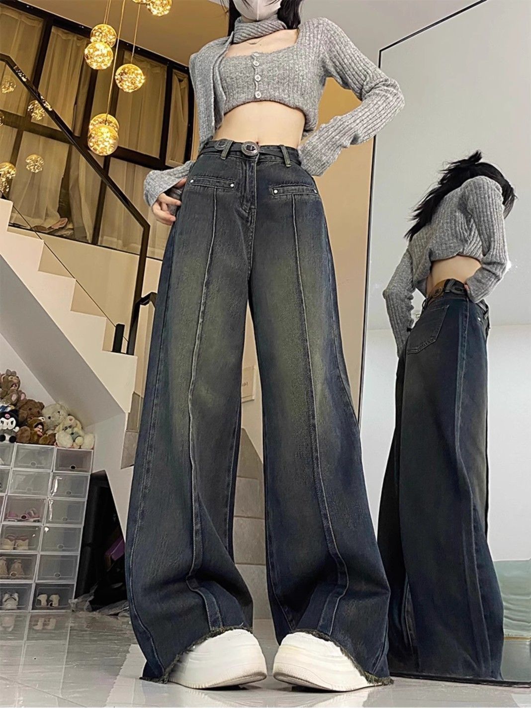 美式復古闊腿牛仔褲女秋冬新款高腰設計感 毛邊寬鬆垂感直筒長褲