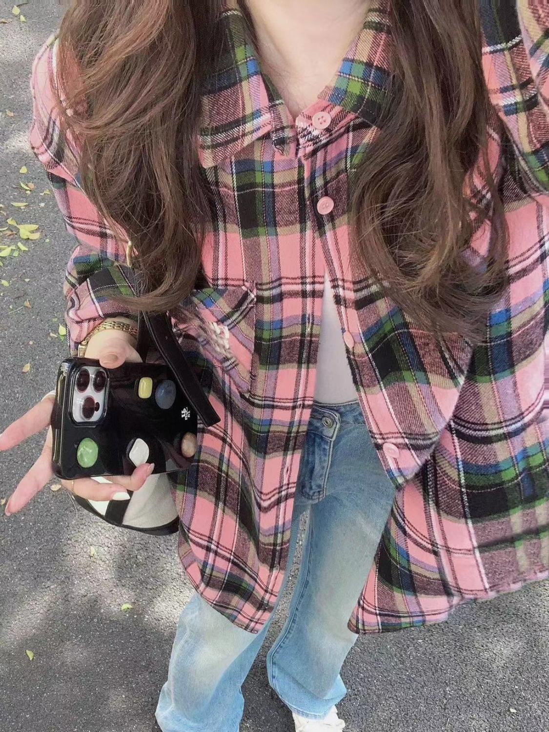 春秋新款綠粉色格子襯衫外套女oversize寬鬆垂墜感慵懶風襯衣外穿