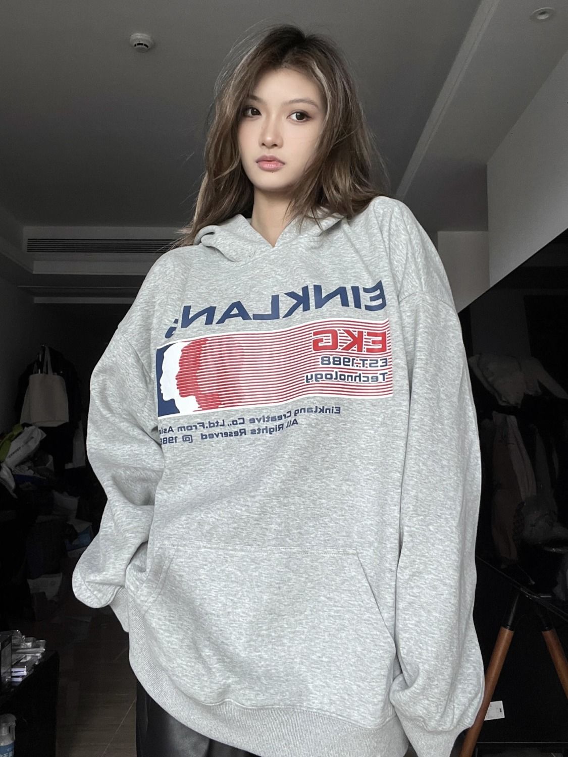 重磅純棉美式復古連帽衛衣女秋冬季新款oversize潮牌中長款上衣女