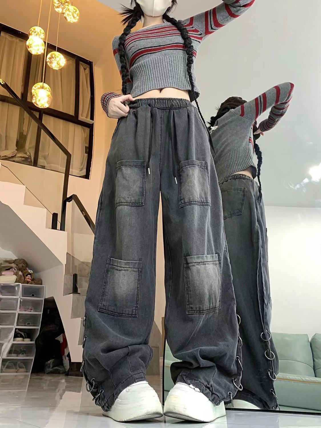 美式高街多口袋設計工裝牛仔褲女潮牌春季高腰寬鬆顯瘦闊腿拖地褲