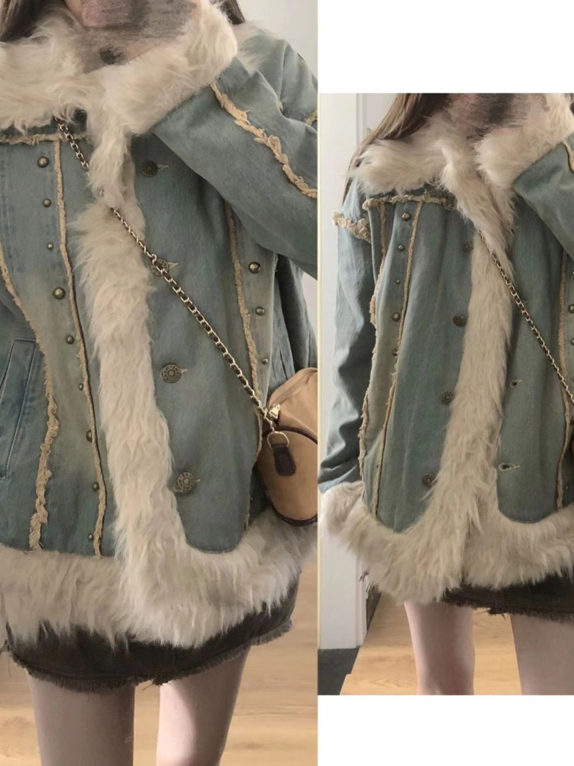 Lamb wool denim stitching fur coat for women winter loose student versatile plus velvet thickened retro quilted cotton jacket