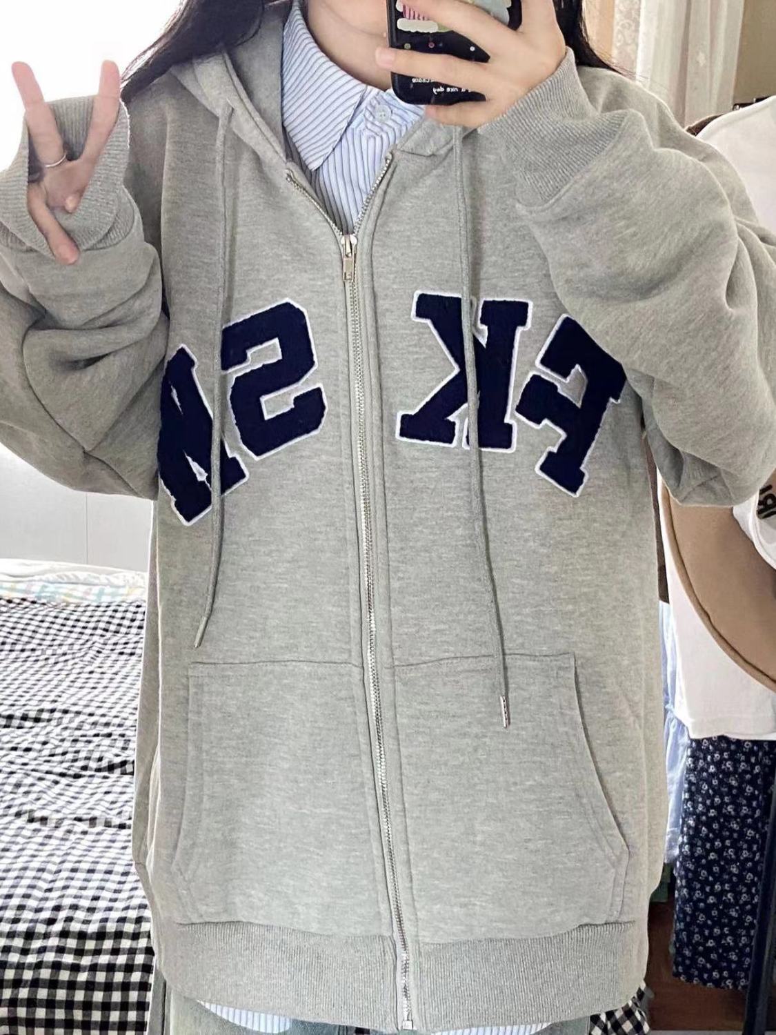 2023春秋薄款刺繡灰色連帽衛衣女寬鬆休閒顯瘦小個子拉鏈外套開衫