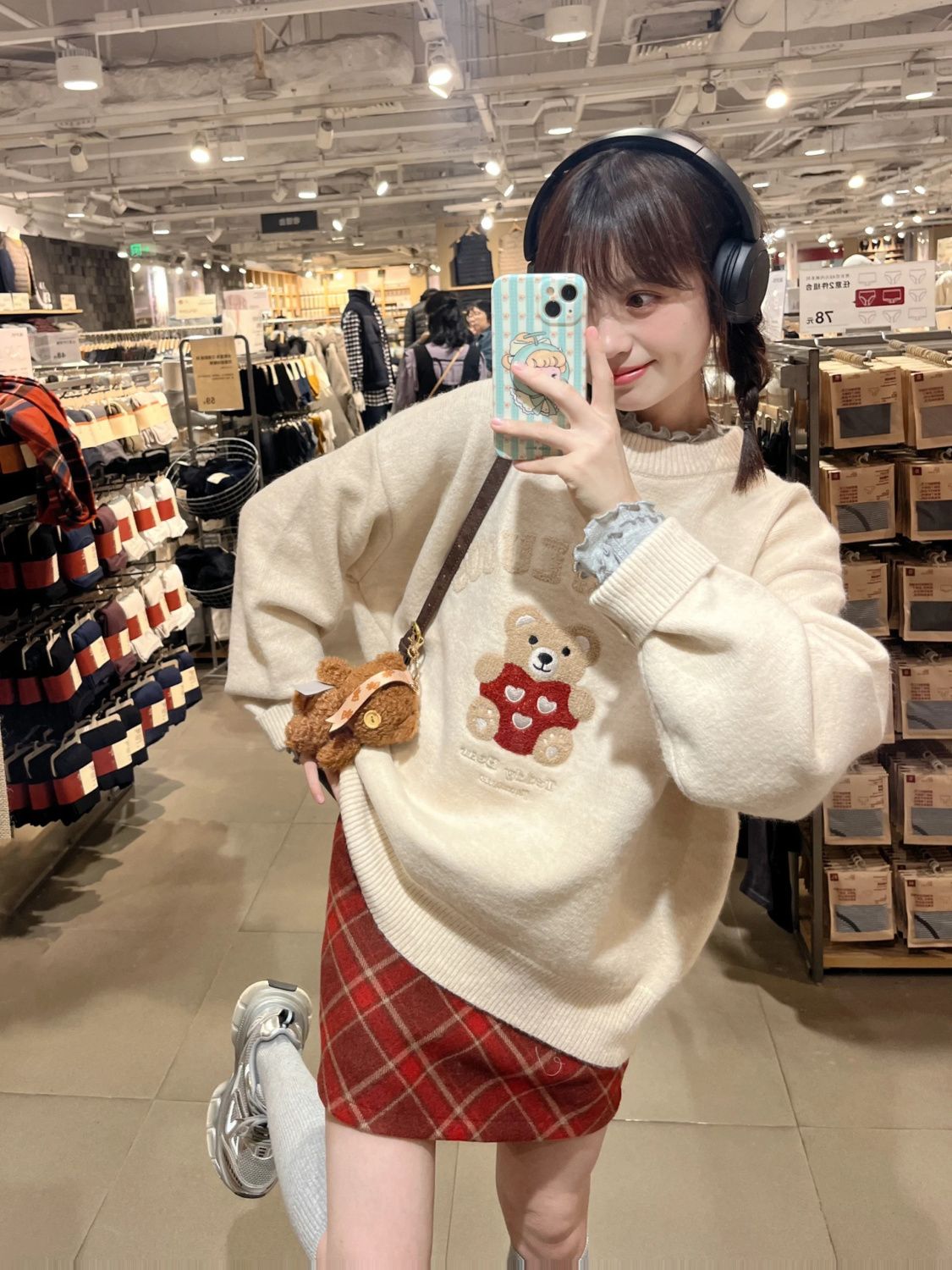 秋冬復古毛巾繡小熊套頭毛衣女寬鬆慵懶風重磅圓領針織打底衫上衣
