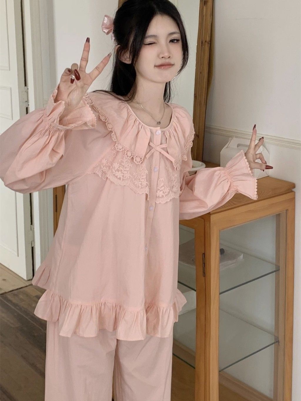 荷叶边睡衣女秋季2023新款甜美简约纯色蕾丝边薄款长袖家居服套装