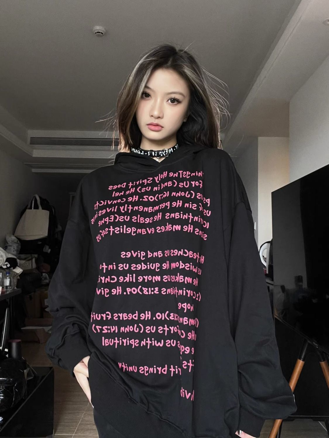 國潮美式復古字母印花連帽衛衣女秋冬新款寬鬆重磅純棉銀狐絨外套