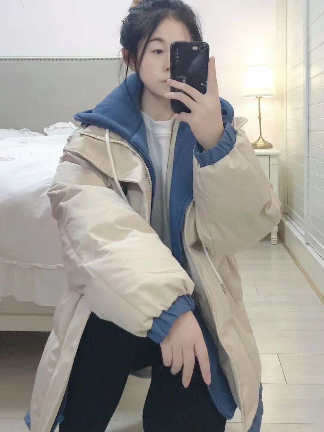 Fake two-piece hooded bread jacket for female students  winter new style retro small man loose cotton coat