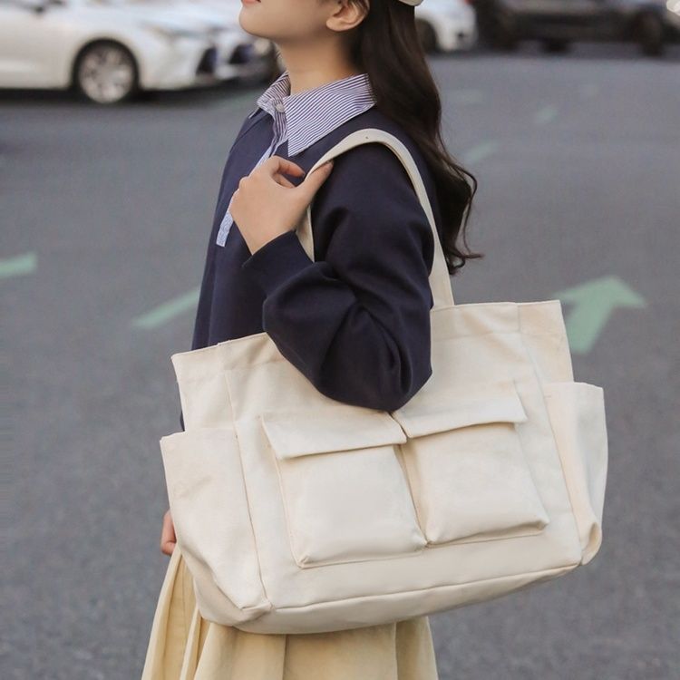 Japanese canvas bag women's large-capacity handbag going out to make up for classes canvas bag student class commuting bag shoulder tote