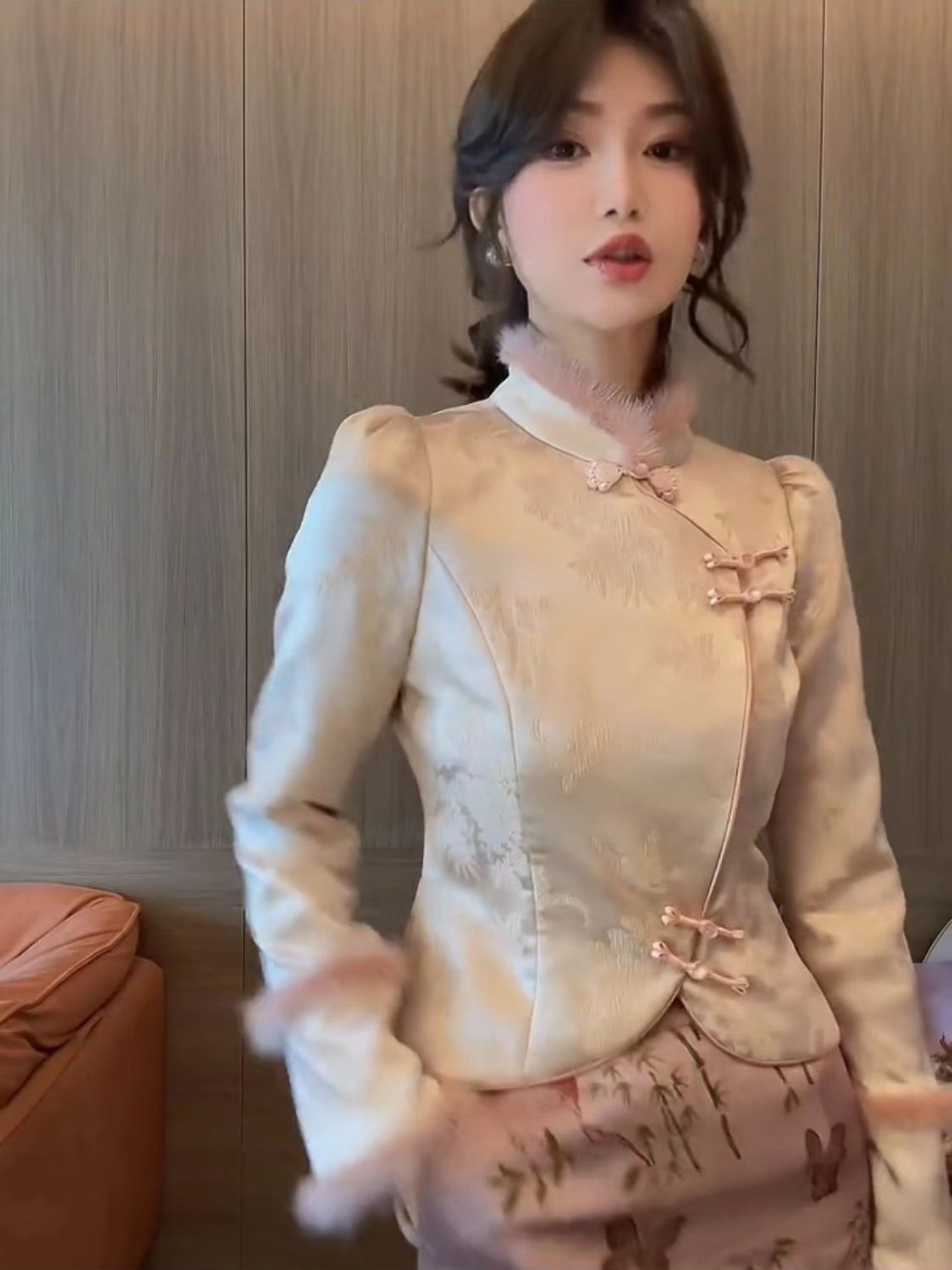 新中式国风盘扣不对称长袖衬衣女冬季复古甜美拼接毛边设计感上衣