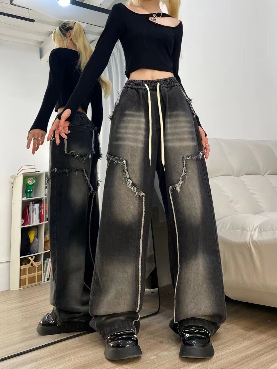 美式復古鬆緊腰毛邊牛仔褲女秋冬嘻哈設計感高腰寬鬆顯瘦闊腿褲潮