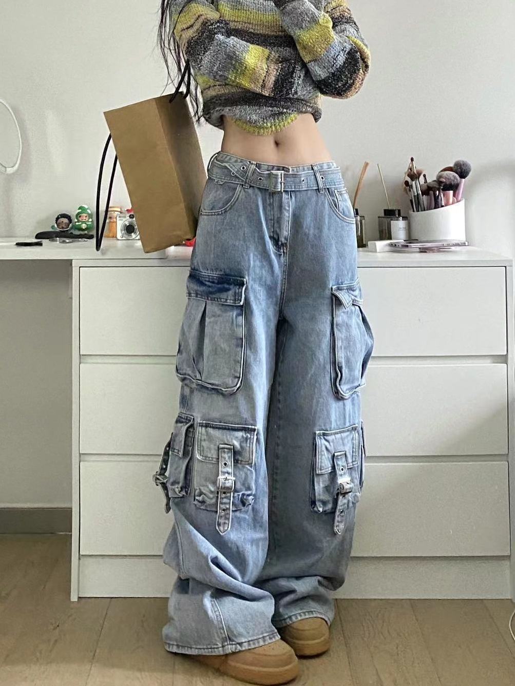 美式vibe多口袋設計感工裝褲女秋冬高腰寬鬆顯瘦墜感闊腿拖地褲潮