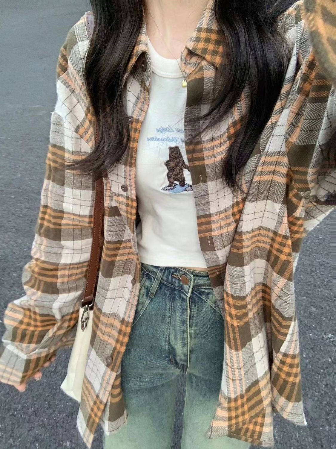 森系復古chic卡其色格子襯衫女秋冬款內搭外穿慵懶風長袖襯衣開衫