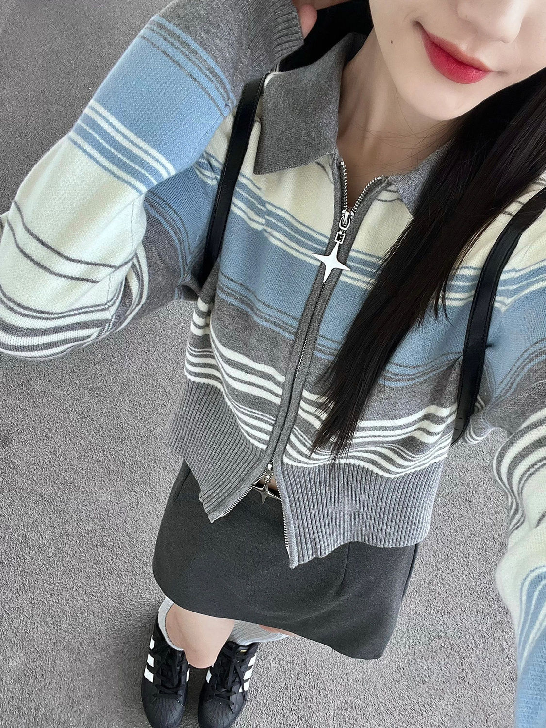 Sweet lazy knitted sweater for women in autumn loose short polo collar long-sleeved coat niche design cardigan top