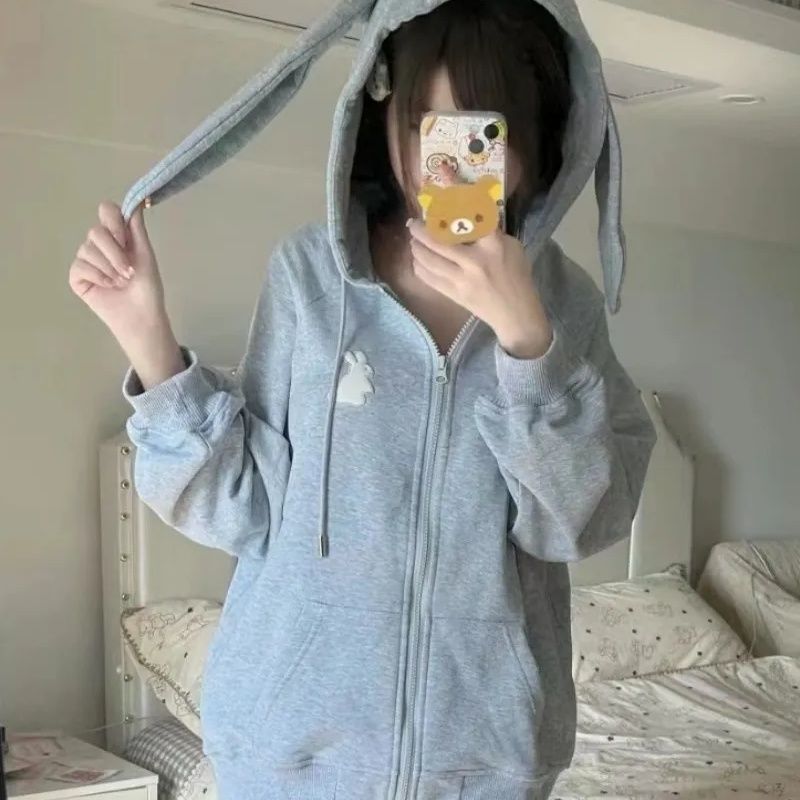 Gray ear sweatshirt jacket embroidered loose sweatshirt zipper hooded long-sleeved autumn and winter style cute soft girl top