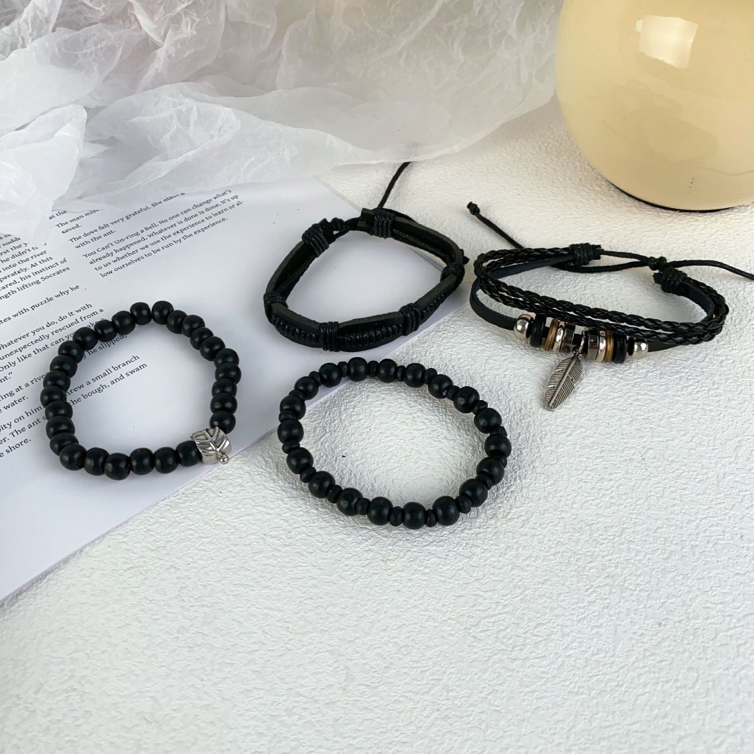 New Europea Ad America Style Leather Wove Beaded Bracelet Set With Vitage Feather Pedat, Premium Wristbad For_voghion.com