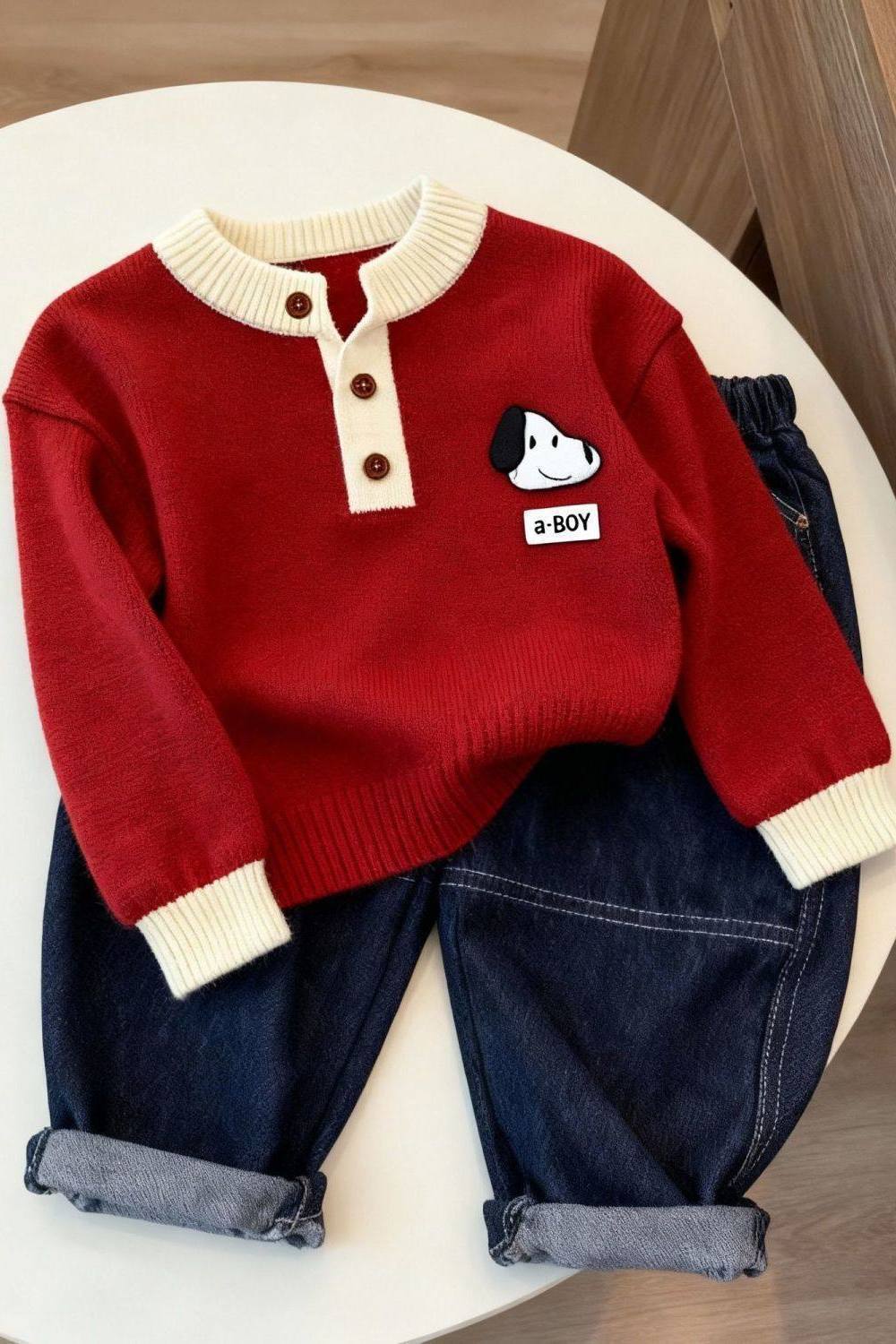 Cartoon Welpen Pullover Für Kinder Roter Strickpulli Für Winter_voghion.com