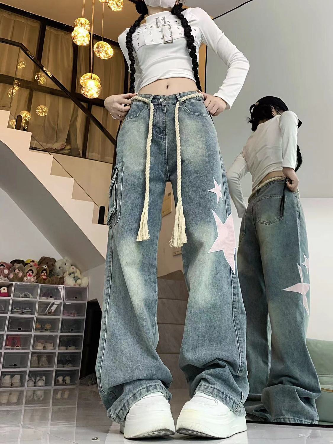 美式vibe復古星星貼布工裝牛仔褲女秋冬設計感高腰寬鬆闊腿拖地褲