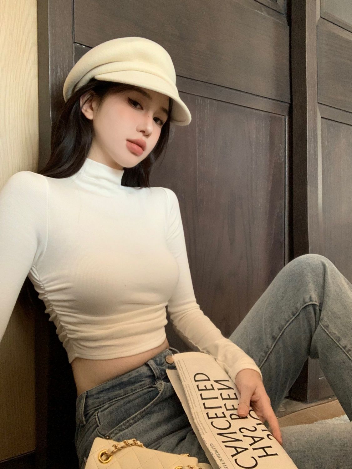 顯身材緊身短款上衣女2023新款秋冬半高領打底衫長袖t恤白色內搭