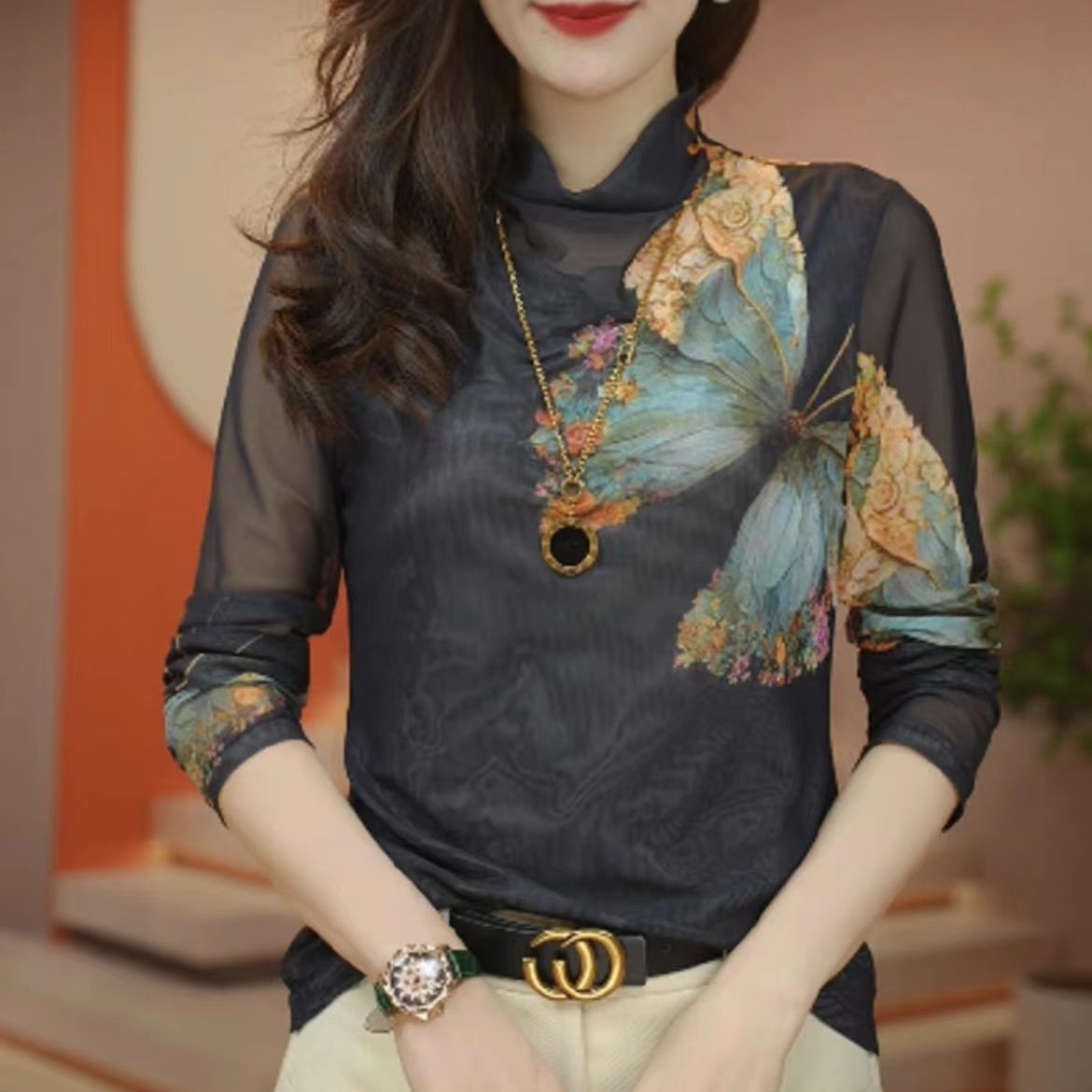 輕奢高級感秋冬新款時尚印花打底衫女新款氣質百搭顯瘦洋氣上衣女