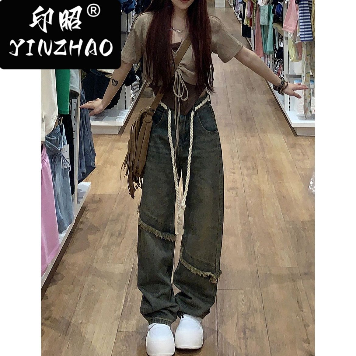 【印昭YINZHAO】牛仔褲女高腰美式復古辣妹顯瘦直筒毛邊設計感褲
