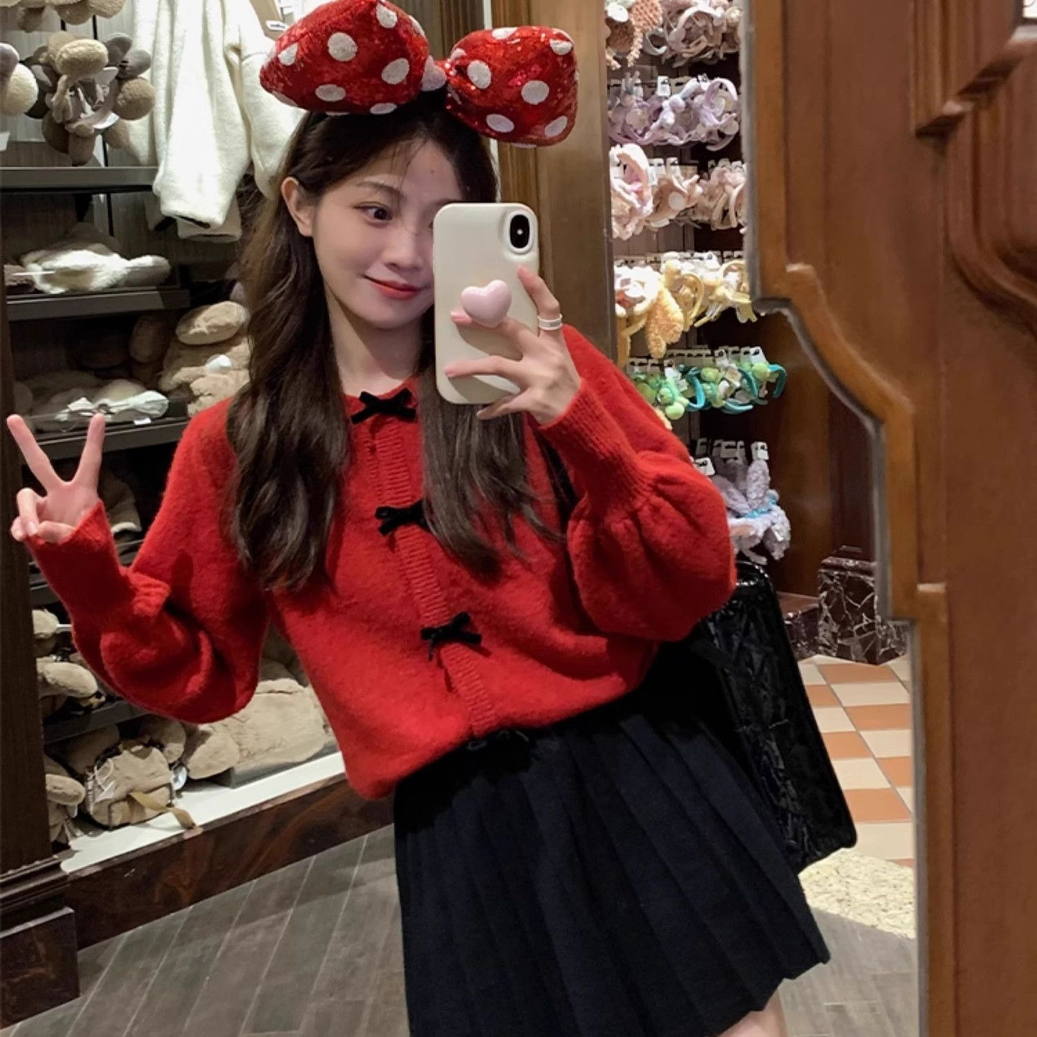 Short Christmas red sweater cardigan for women winter bow temperament knitted bottoming shirt New Year animal year top