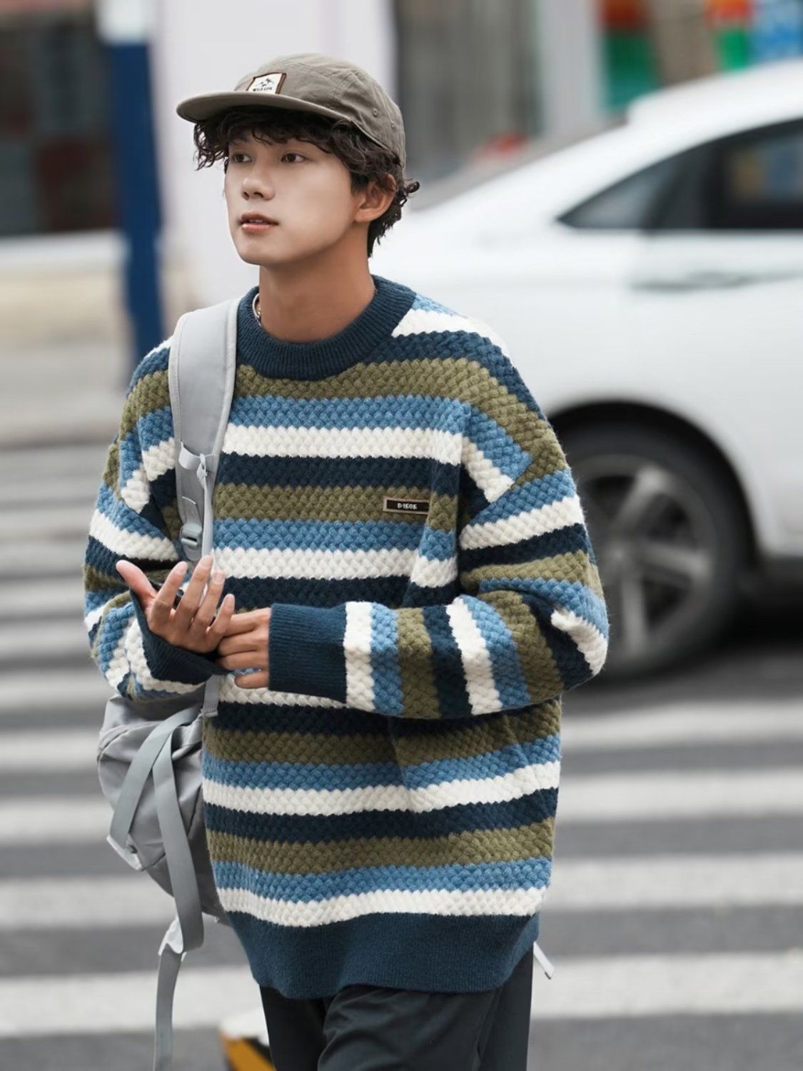 Striped crew neck sweater men's winter thickened loose pullover lazy Japanese couple knitted sweater jacket