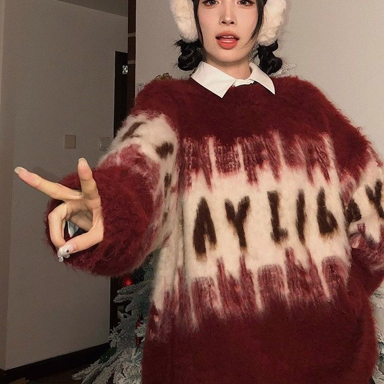 氛圍感新年復古紅色暈染撞色圓領毛衣寬鬆慵懶中長款軟糯加厚上衣