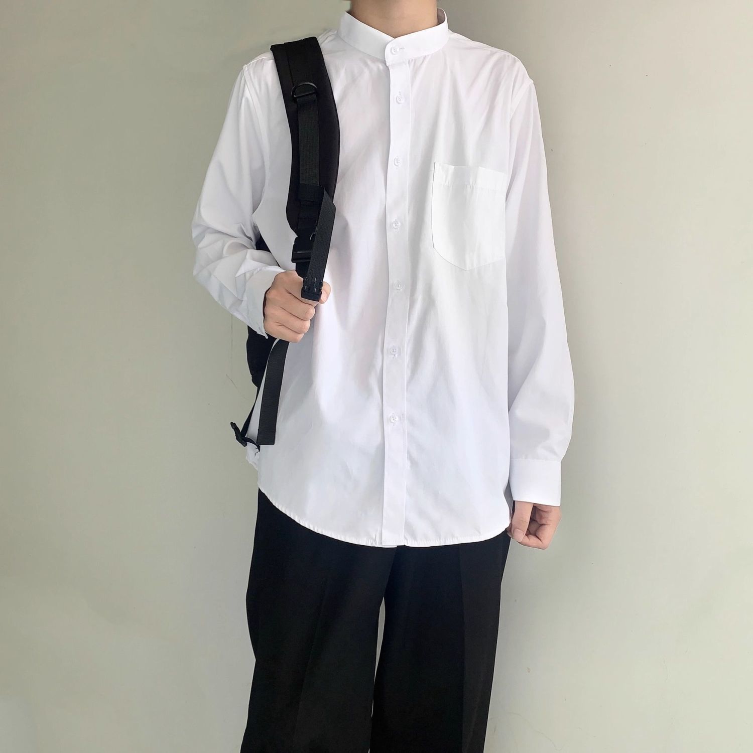 新中式小立领白色衬衫男长袖日系学生制服班服套装中山装基础衬衣